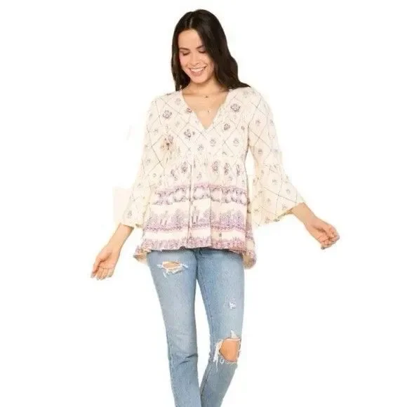 RAGA Anthropologie Top Women’s MEDIUM Juanita Ivory Printed Bell Sleeve Tie Neck - Picture 3 of 8